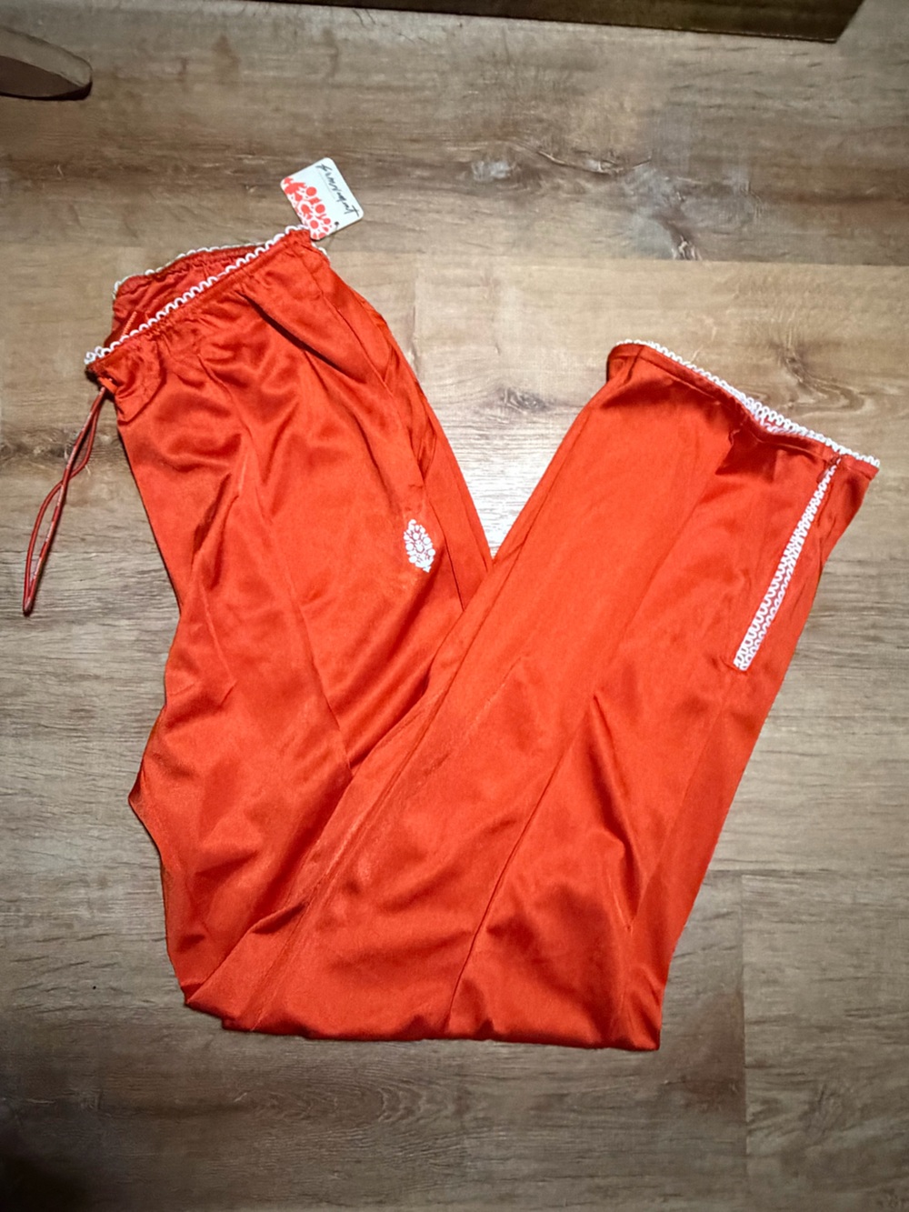 NWT Orange Satin Drawstring Workout Pants with White Ruffle Trim